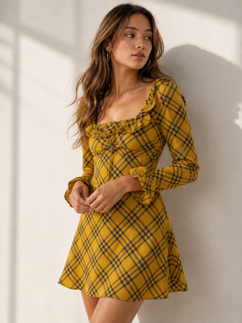 Urban Outfitters Yellow Plaid Square Neck Mini Dress Clueless Academia Medium